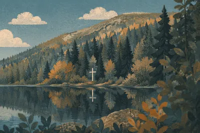 White Cross Reflected in Still Mountain Lake