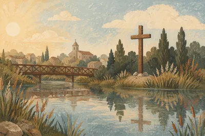 Wooden Cross Reflected in Quiet Riverside