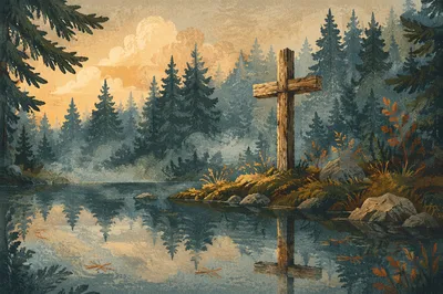 Wooden Cross Reflected in Evergreen Pond