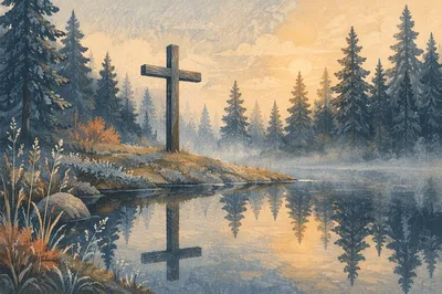 Weathered Cross Reflected in Evergreen Pond