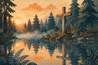 Weathered Cross Reflected in Forest Pond