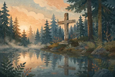Weathered Cross Reflected in Evergreen Pond