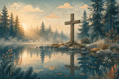 Wooden Cross Reflected in Evergreen Pond