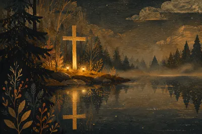 Reflected Cross by Evergreen Pond