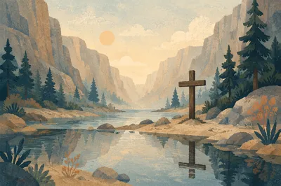 Wooden Cross Reflected in Canyon Water