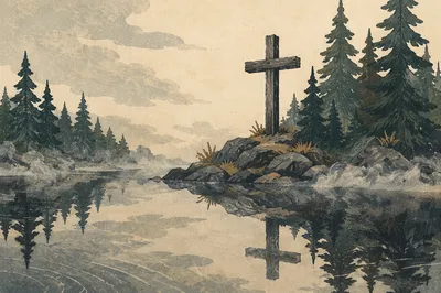 Weathered Cross Reflected in Quiet Evergreen Lake