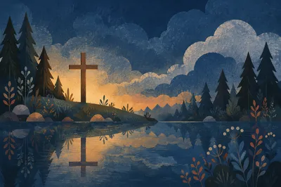 Wooden Cross Reflected in Still Evergreen Lake
