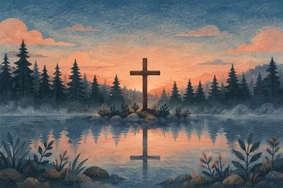 Wooden Cross Reflected in Still Evergreen Lake