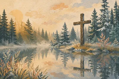 Evergreen Cross Reflected in Still Water