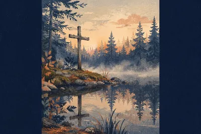 Wooden Cross Reflected in Alpine Pond