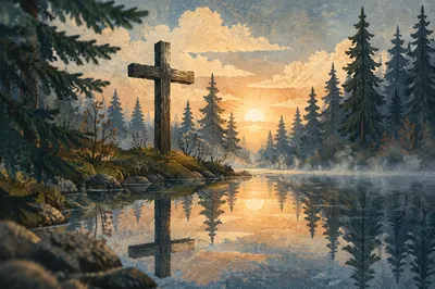Wooden Cross Reflected in Evergreen Pond