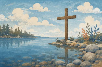 Wooden Cross Reflected on Evergreen Lakeshore