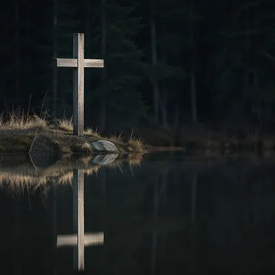 Wooden Cross Reflected in Still Evergreen Water