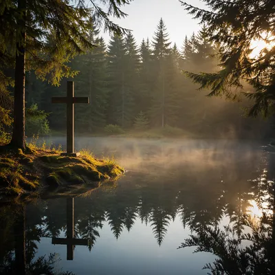 Wooden Cross Reflected in Evergreen Pond