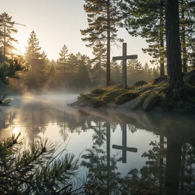Wooden Cross Reflected in Evergreen Pond