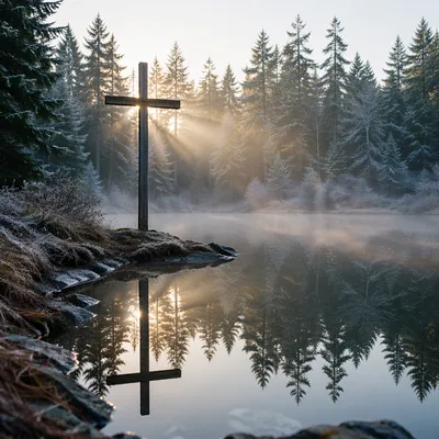 Wooden Cross Reflected in Misty Evergreen Pond