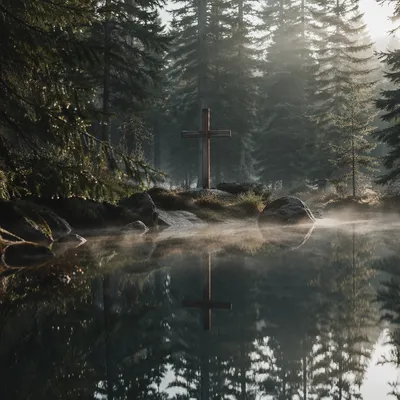 Wooden Cross Reflected in Misty Evergreen Pond
