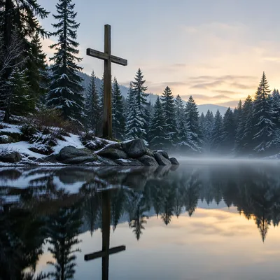 Wooden Cross Reflected in Winter Pond