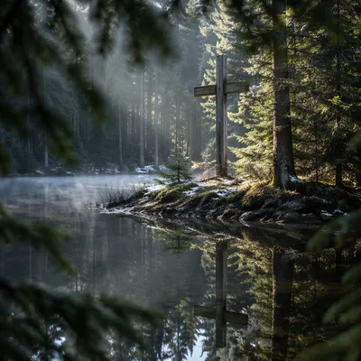 Wooden Cross Reflected in Evergreen Pond