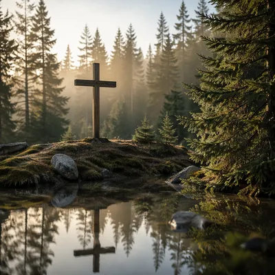 Wooden Cross Reflected in Evergreen Pond