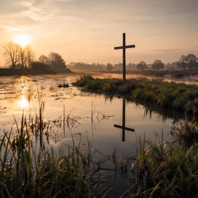 Wooden Cross Reflected in Dawn Wetland