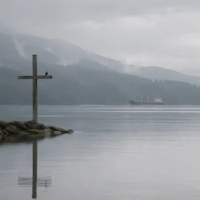 Wooden Cross Reflected on Misty Lake
