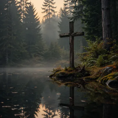 Weathered Cross Reflected in Forest Pond