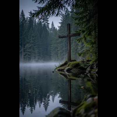 Wooden Cross Reflected in Forest Pond
