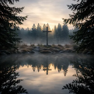 Wooden Cross Reflected in Evergreen Pond
