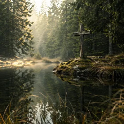 Wooden Cross Reflected in Evergreen Pond