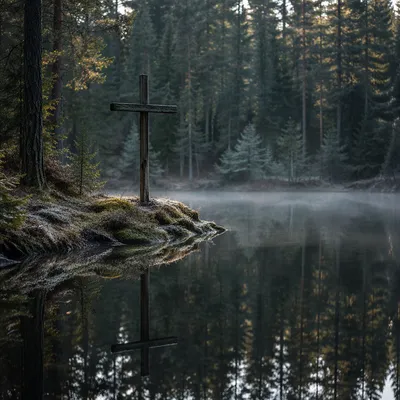 Wooden Cross Reflected in Evergreen Pond