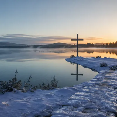 Wooden Cross Reflected on Winter Lake