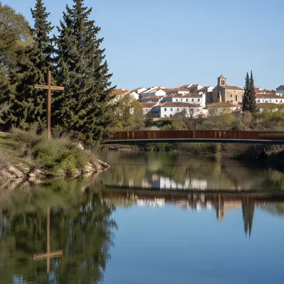 Wooden Cross Reflected by Evergreen River