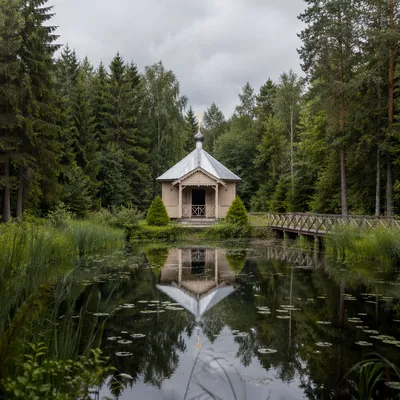 Cross Reflected in Evergreen Forest Pond