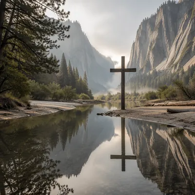 Wooden Cross Reflected in Mountain Waters