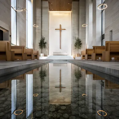 Reflected Wooden Cross in Modern Chapel