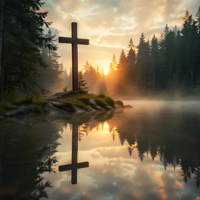 Wooden Cross Reflected in Quiet Evergreen Pond