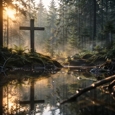 Wooden Cross Reflected in Evergreen Pond