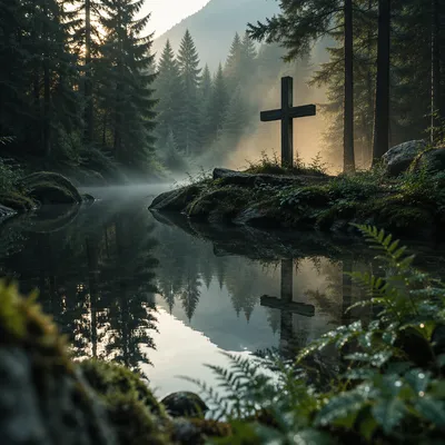 Wooden Cross Reflected in Forest Pond