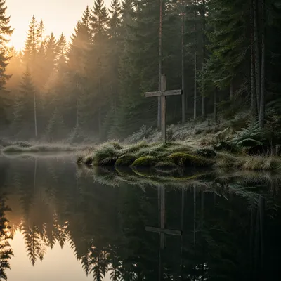 Wooden Cross Reflected in Evergreen Pond