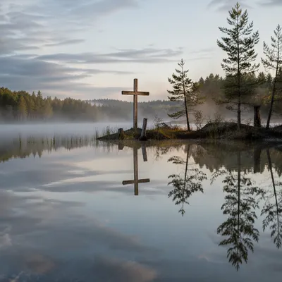 Weathered Cross Reflected on Evergreen Lake