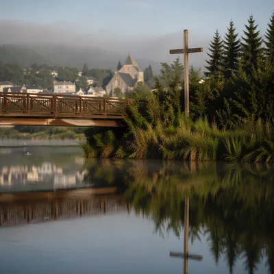 Wooden Cross Reflected in Still Riverside Water