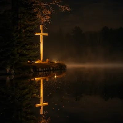 Illuminated Cross Reflected in Still Water