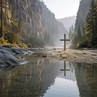Wooden Cross Reflected in Quiet Canyon Water