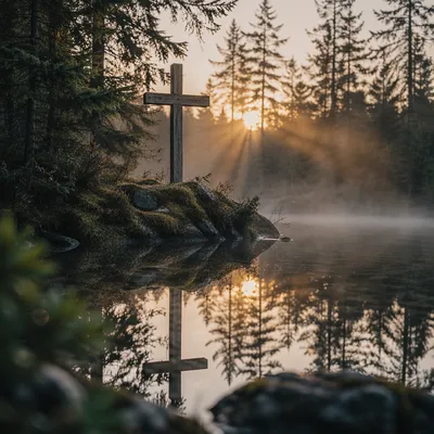 Wooden Cross Reflected in Evergreen Pond
