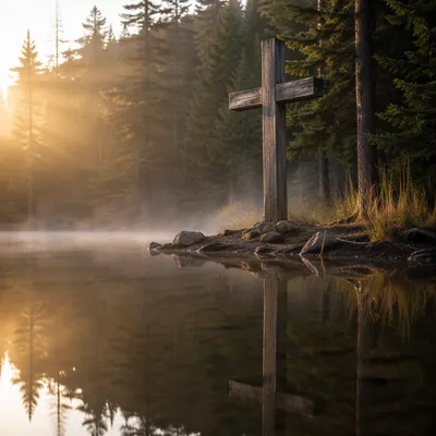 Wooden Cross Reflected in Misty Forest Pond