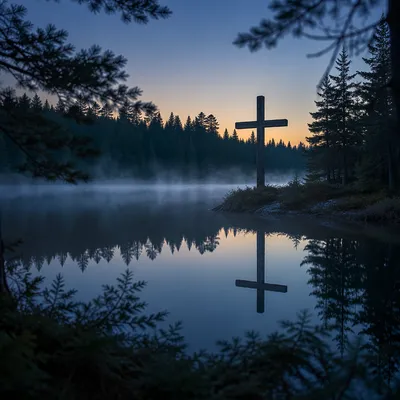 Wooden Cross Reflected in Evergreen Pond