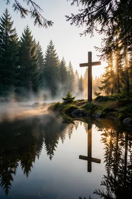 Wooden Cross Reflected in Evergreen Pond