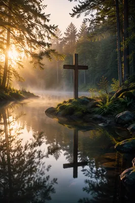 Wooden Cross Reflected in Evergreen Pond