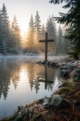 Wooden Cross Reflected in Still Evergreen Pond